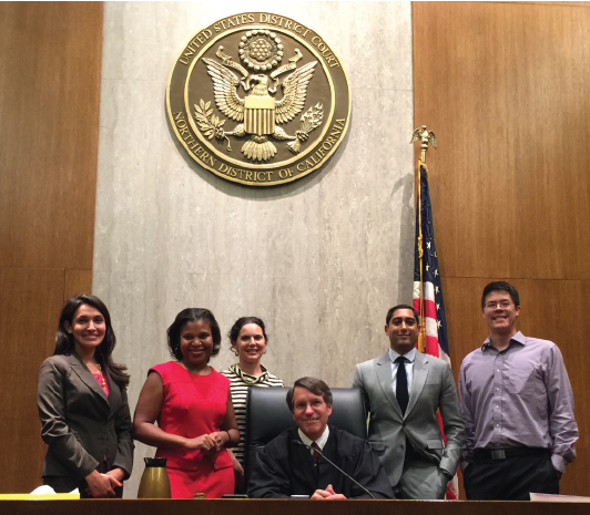 Mock Trial volunteers, from left, Barristers Club President Valerie Uribe; Damali Taylor, Conchita Lozano-Batista, United States District for the Northern District of California Judge William H. Orrick, Anand R. Upadhye, and Brian Wong.