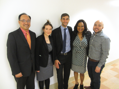From left, panelists Alan Guerrero, JDC Board Member Phyra McCandless, Peter Catalanotti, and Cameron Lue-Sang with Diversity Pipeline Programs Manager Elizabeth McGriff (second from right)